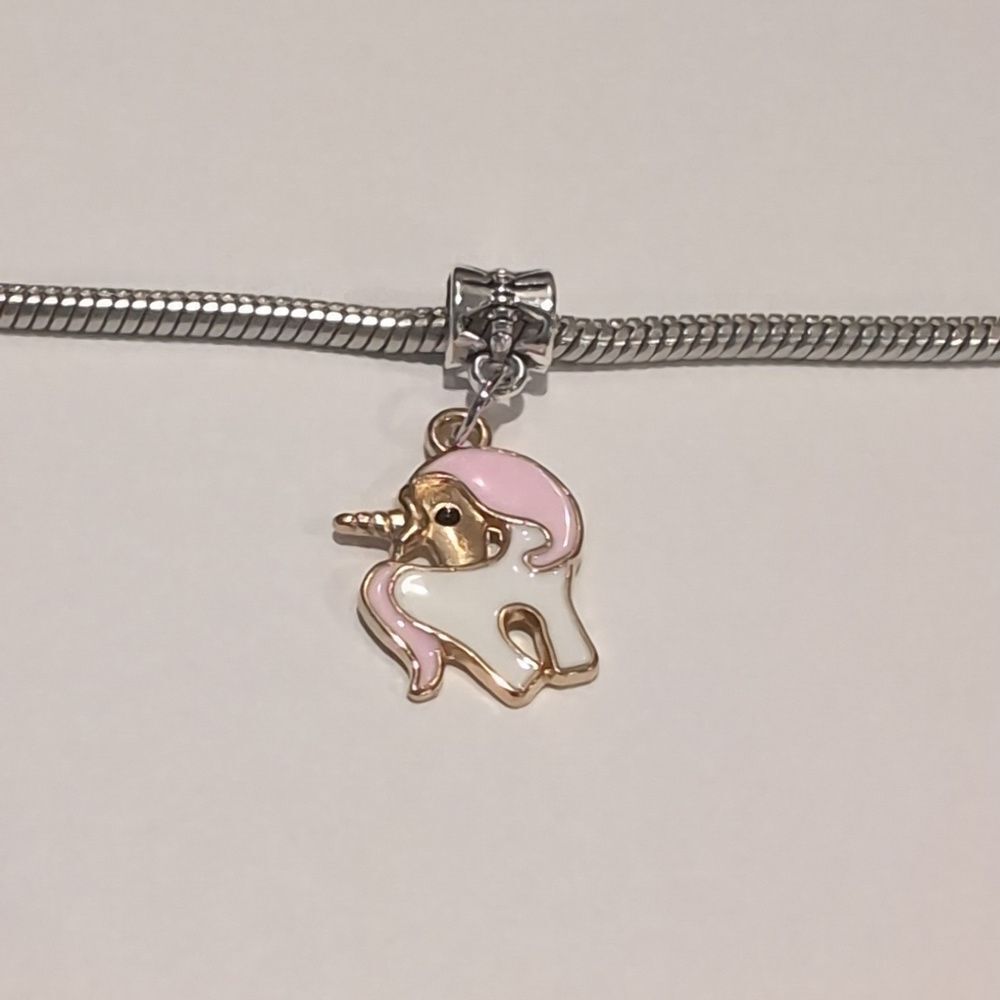 Silver Gold Pink and White Enamel Unicorn Charm for Pandora Style Bracelet